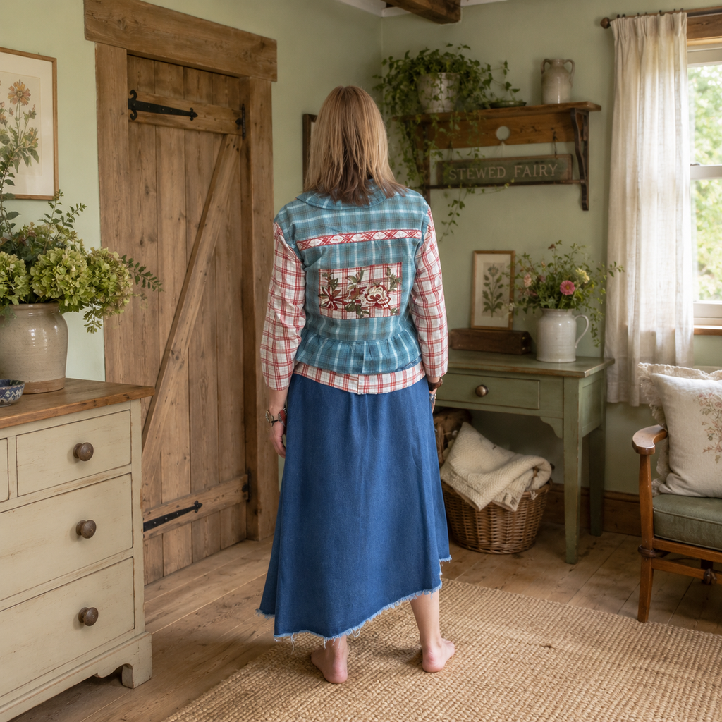 Duck Egg Blue & Terracotta Appliquéd Button Through Top by Stewed Fairy