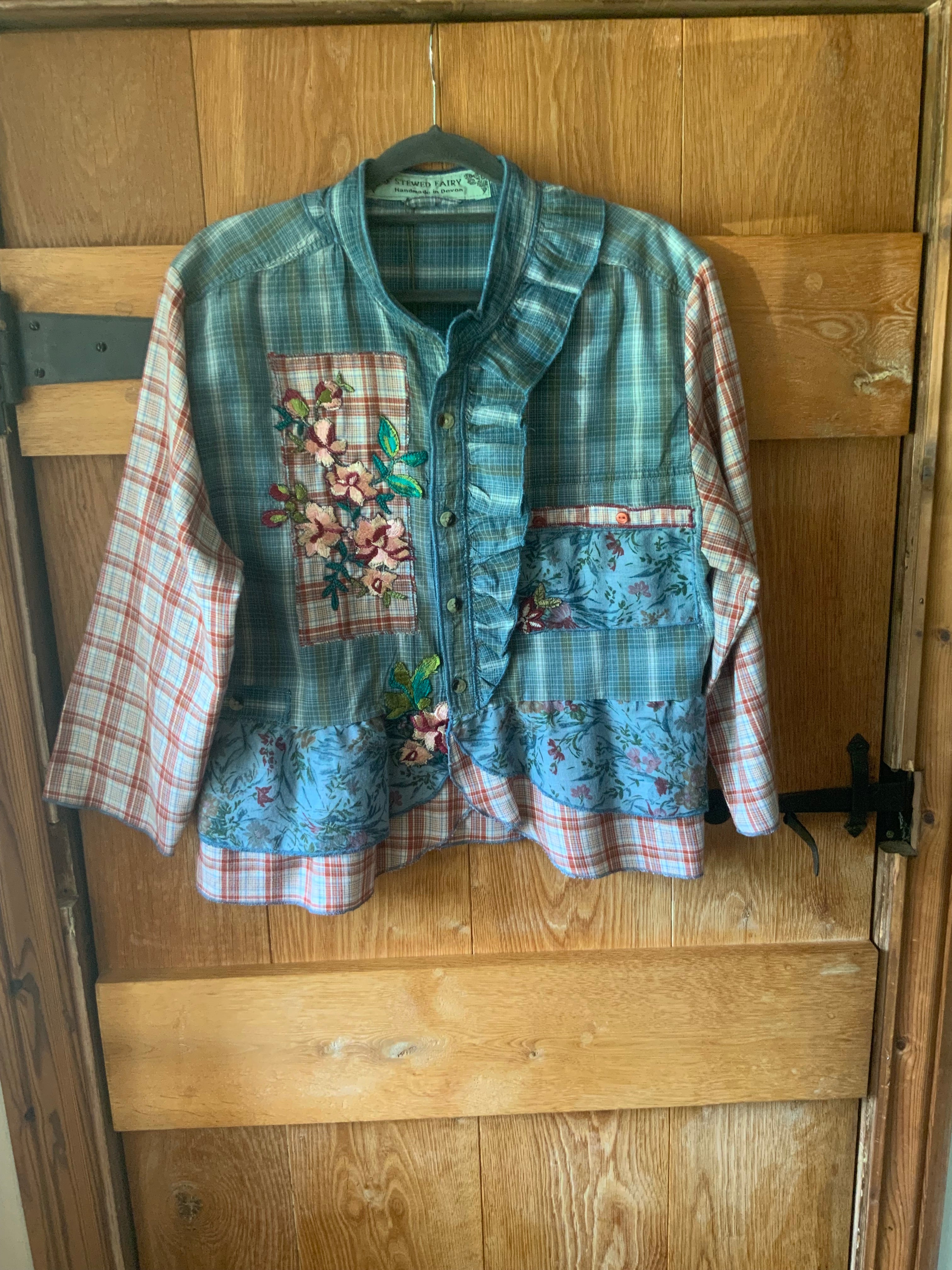 Duck Egg Blue & Terracotta Appliquéd Button Through Top by Stewed Fairy