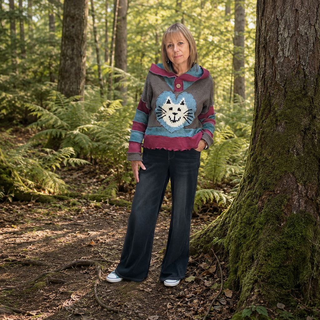 Upcycled Hooded Crop Top Jumper with Cat Appliqué by Stewed Fairy